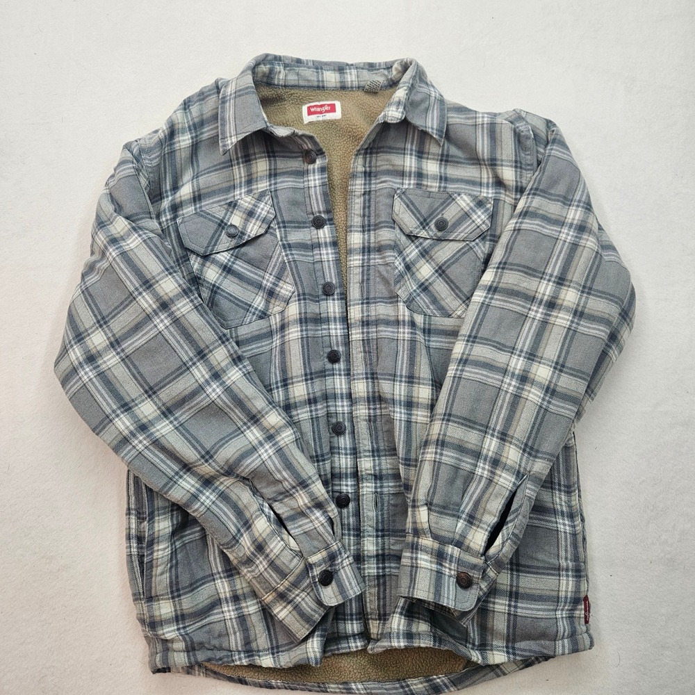 Wrangler Sherpa Lined Flannel Shirt Jacket Mens Medium Grey Plaid Shacket